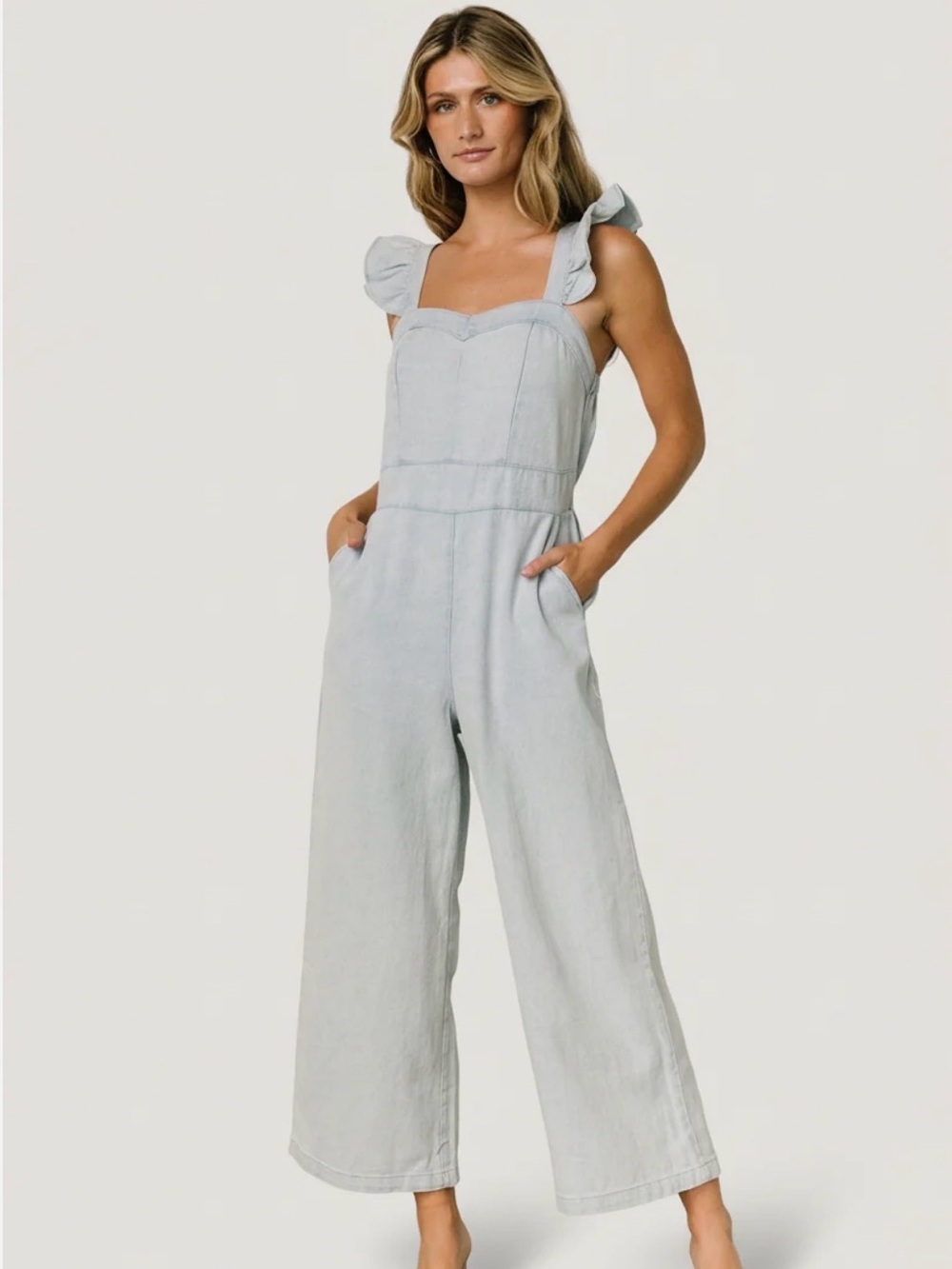 Baltic Born Light Gray Wide-Leg Overalls with Ruffle Straps